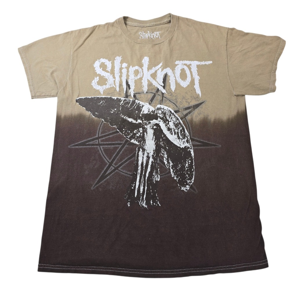 Slipknot Band T-Shirt Mens Small Tan Brown Dip Dye Graphic‎ Tee 2023 Angel Logo